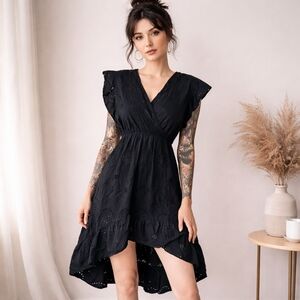 Valentina Naldi Made in Italy Black Eyelet Cotton Dress M Boho Asymmetrical Midi